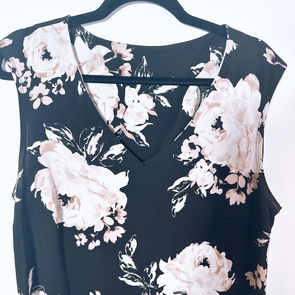 LOFT Size L Floral V-Neck Handkerchief Hem Sleeveless Midi Dress Black RosePrint - Picture 3 of 5